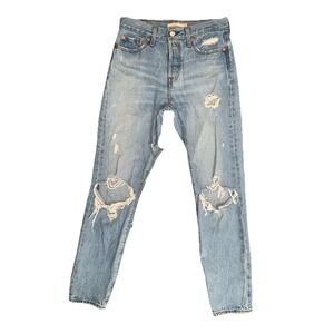 Levis Wedgie Straight Jeans Womens 26 Light Wash High Rise Button Fly Distressed